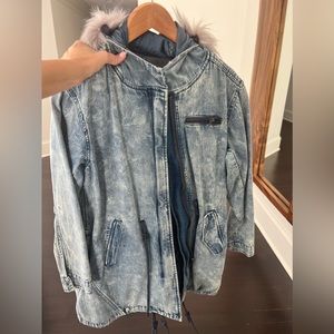 Blank NYC denim jacket with faux fur hood